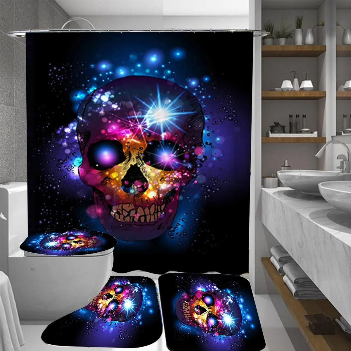 180 x 180 cm 45 x 75 cm Halloween Skull Bathroom Shower Curtain Toilet Cover Mat Non-Slip Rug Set Waterproof Fabric for Home Hotel with 2 Hook 4Pcs/3Pcs/1Pc