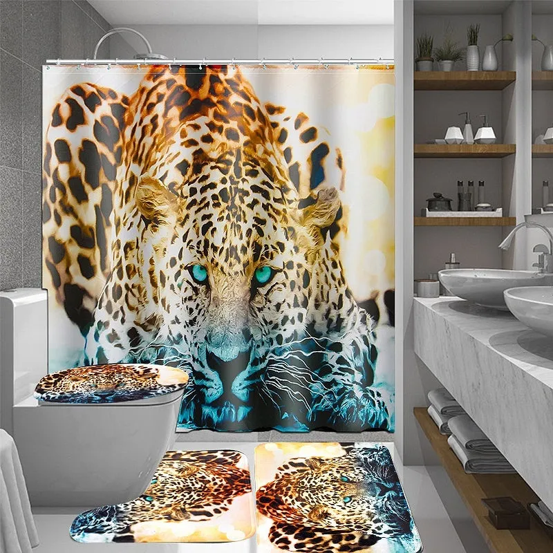 3D African Cheetah Leopard Waterproof Shower Curtain Anti-slip Bath Mats Carpets Pedestal Rugs Toilet Seat Cover Bathroom Decoration