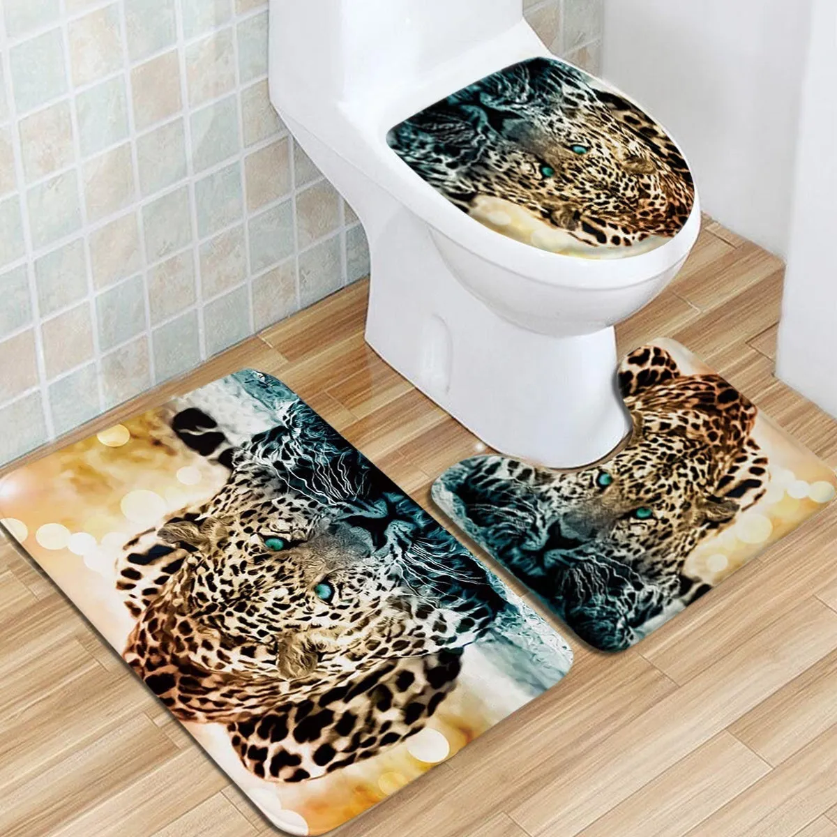 3D African Cheetah Leopard Waterproof Shower Curtain Anti-slip Bath Mats Carpets Pedestal Rugs Toilet Seat Cover Bathroom Decoration