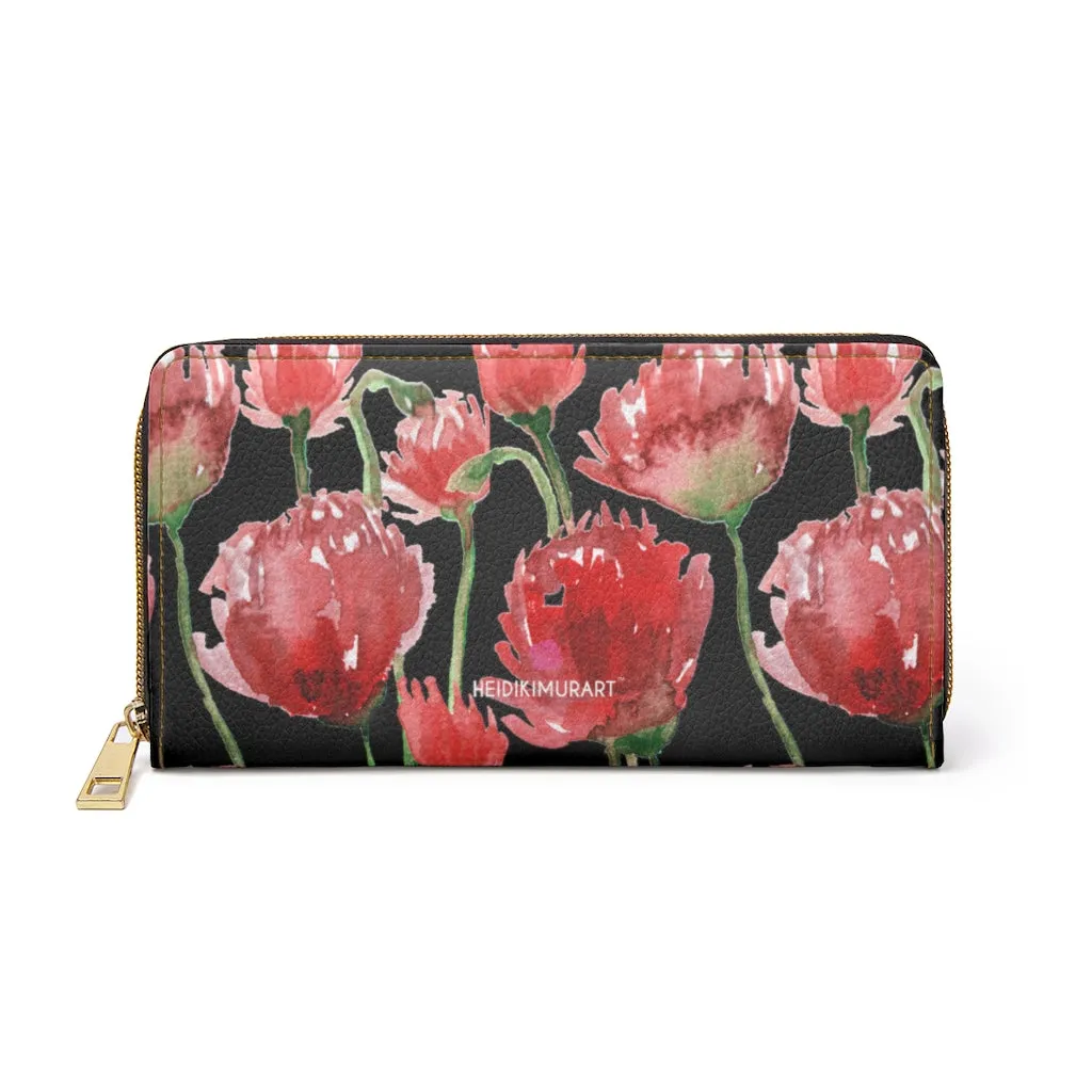 Black Red Tulips Zipper Wallet, Red Tulips Flower Print Best Long Compact Wallet For Women