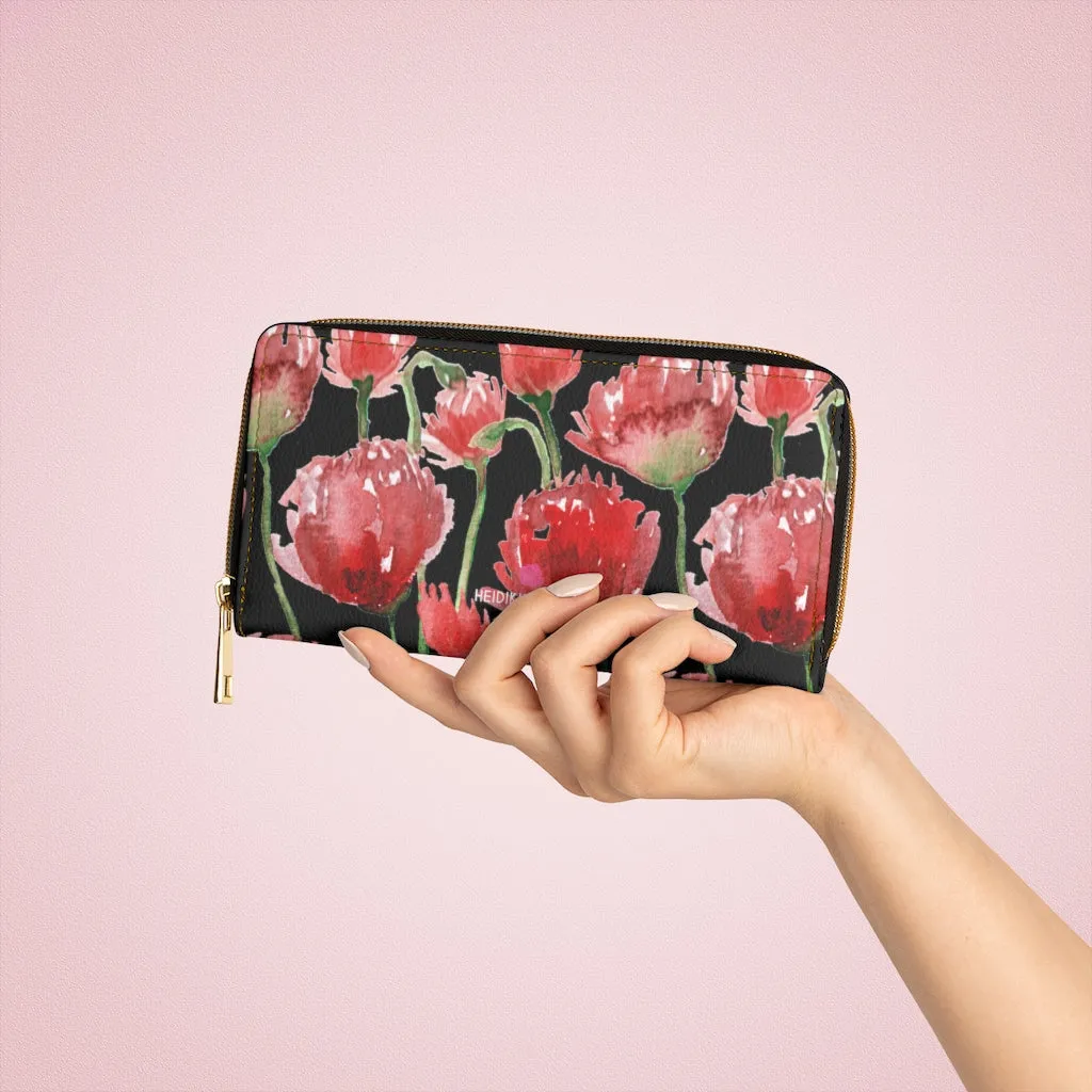 Black Red Tulips Zipper Wallet, Red Tulips Flower Print Best Long Compact Wallet For Women