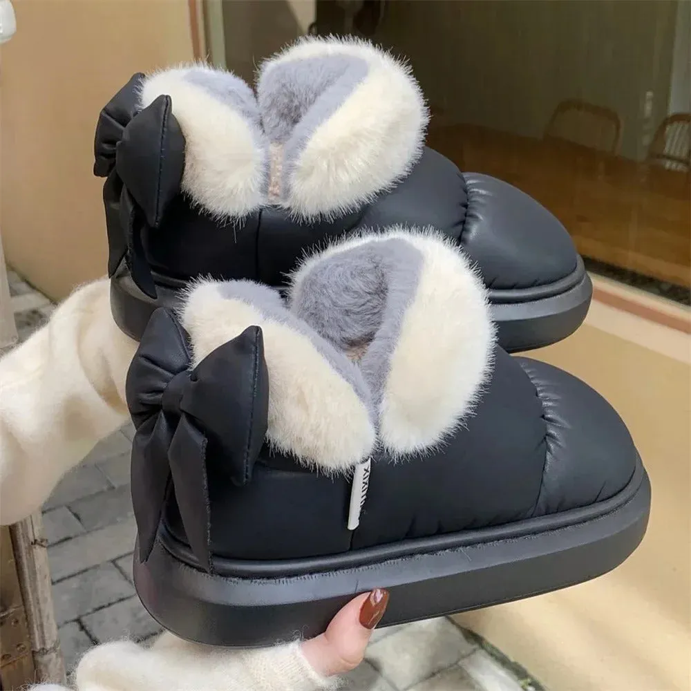 Cute Warm Ankle Boots Winter Women's Bow Warmth Plush Bow Cotton Shoes 2024 New Waterproof Down Cloth Short Barrel Snow Boots