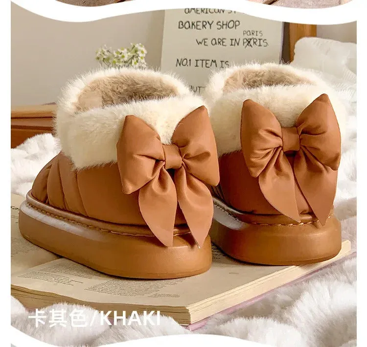 Cute Warm Ankle Boots Winter Women's Bow Warmth Plush Bow Cotton Shoes 2024 New Waterproof Down Cloth Short Barrel Snow Boots