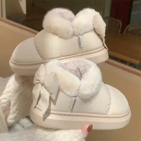 Cute Warm Ankle Boots Winter Women's Bow Warmth Plush Bow Cotton Shoes 2024 New Waterproof Down Cloth Short Barrel Snow Boots