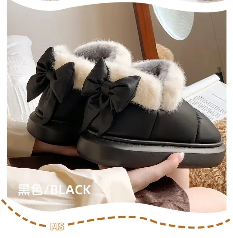 Cute Warm Ankle Boots Winter Women's Bow Warmth Plush Bow Cotton Shoes 2024 New Waterproof Down Cloth Short Barrel Snow Boots