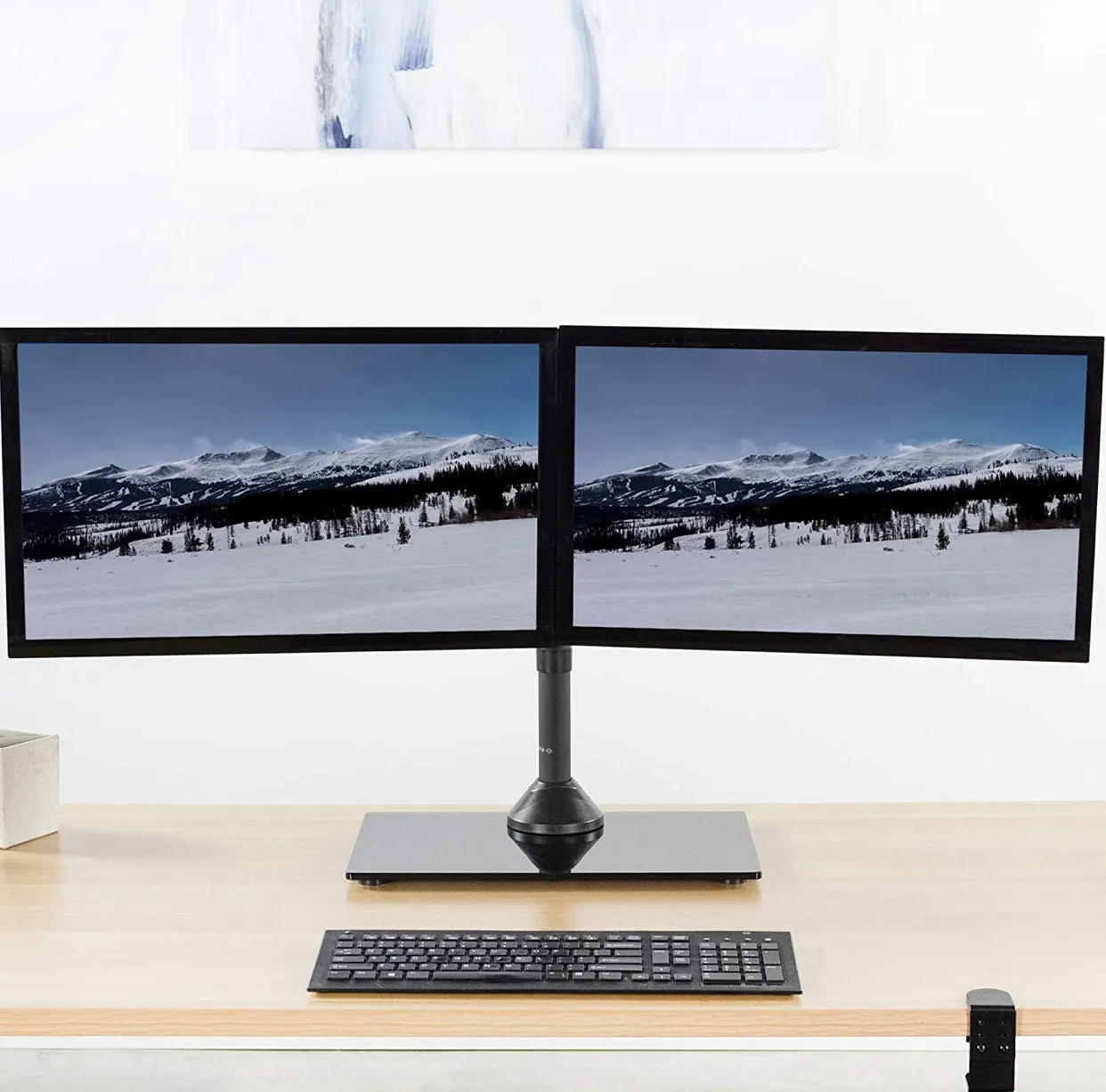 Freestanding Dual Monitor Stand with Sleek Glass Base and Adjustable ArmsHeave Duty , Mounts 2 Screens