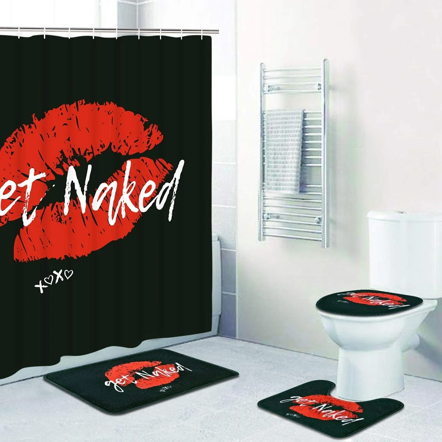 Get Naked Shower Curtain Sets with Non-Slip Rugs, Toilet Lid Cover and Bath Mat, Sexy Lips Shower Curtains with 12 Hooks, Funny Kiss Durable Waterproof Bath Curtain