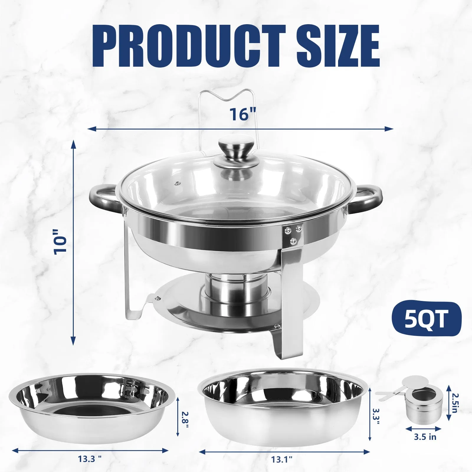 IMACONE 5QT Chafing Dish Buffet Set 2-Pack with Glass Lid & Holder, Stainless Steel Round Chafer Set for Catering