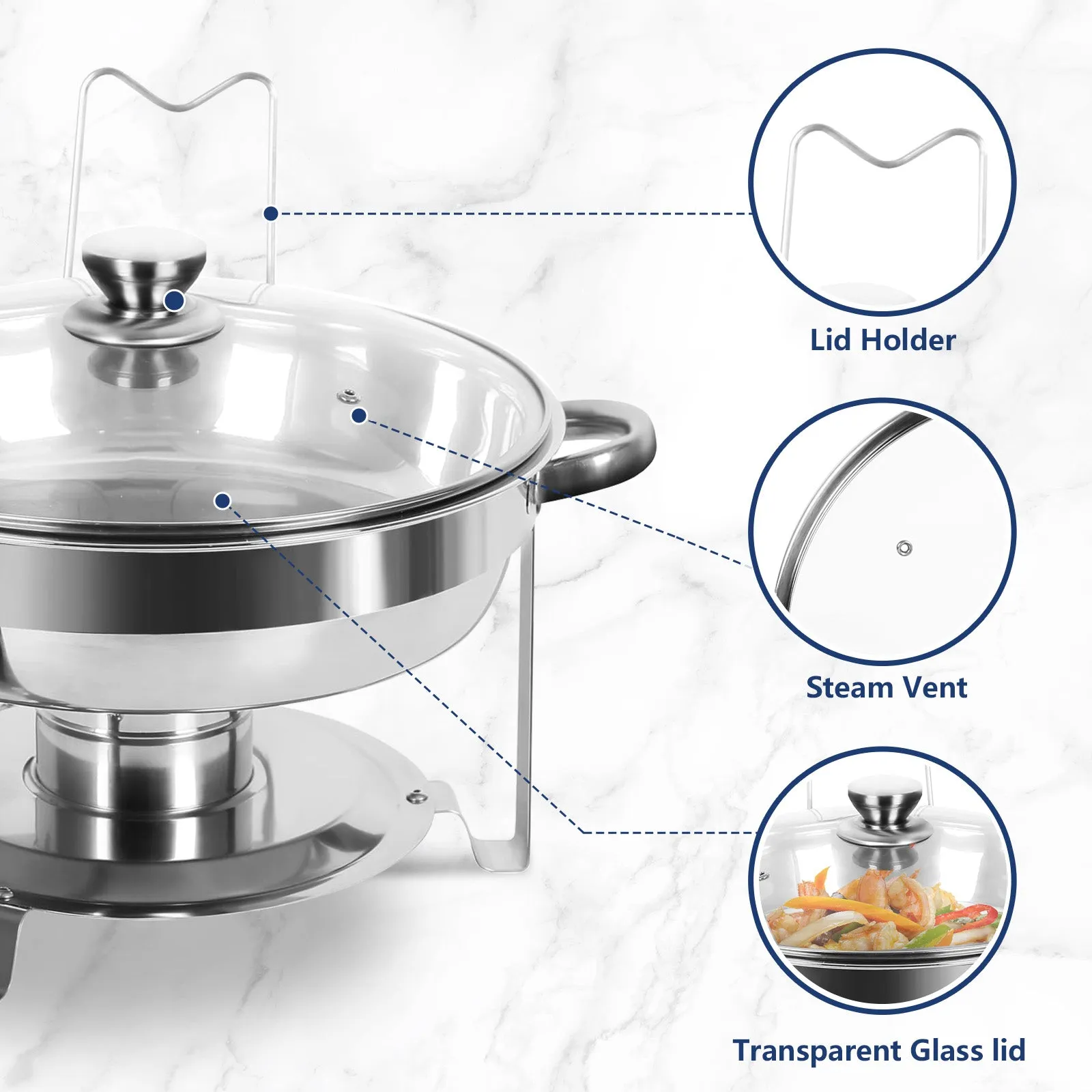 IMACONE 5QT Chafing Dish Buffet Set 2-Pack with Glass Lid & Holder, Stainless Steel Round Chafer Set for Catering