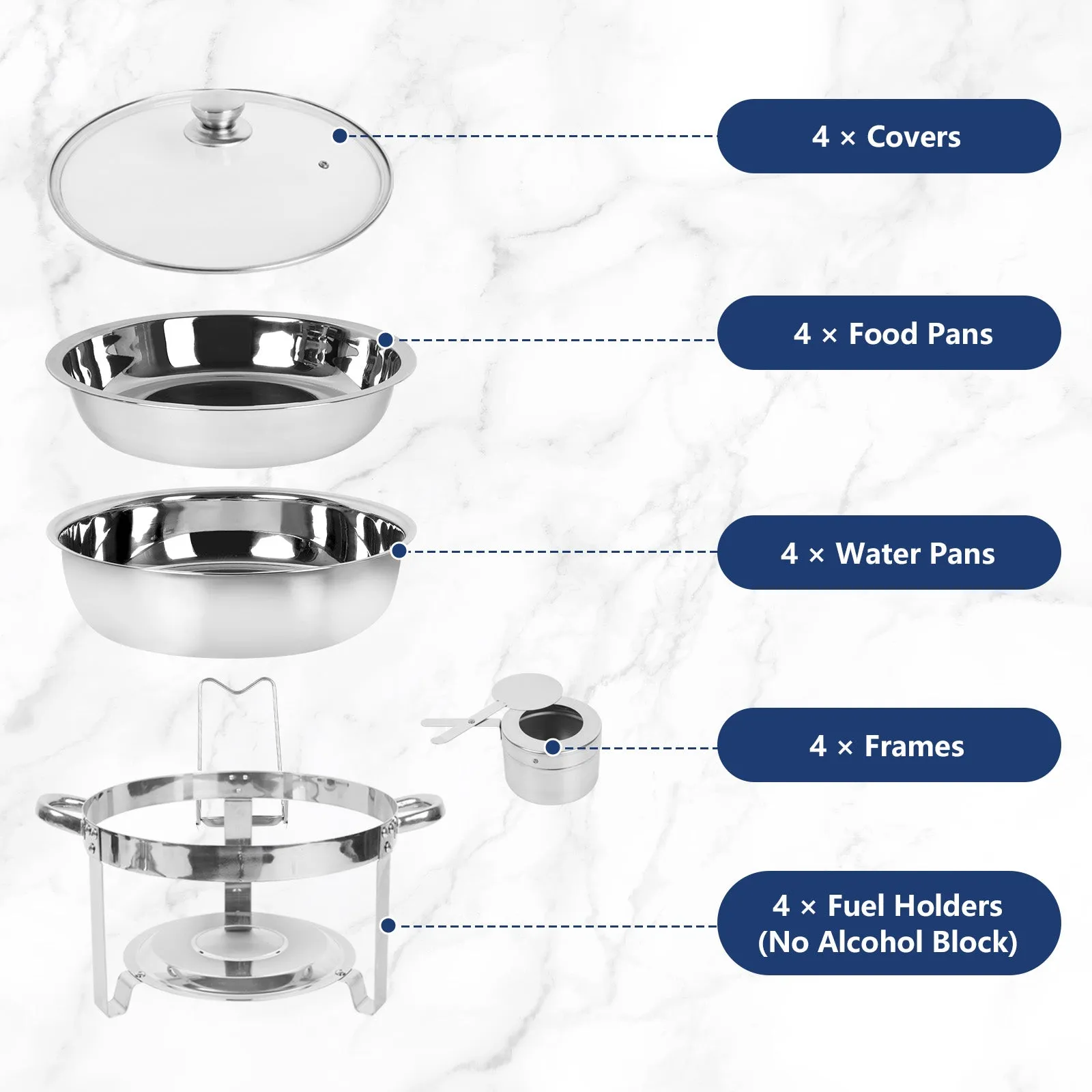 IMACONE 5QT Chafing Dish Buffet Set 4-Pack with Glass Lid & Holder, Stainless Steel Round Chafer Set for Catering Event