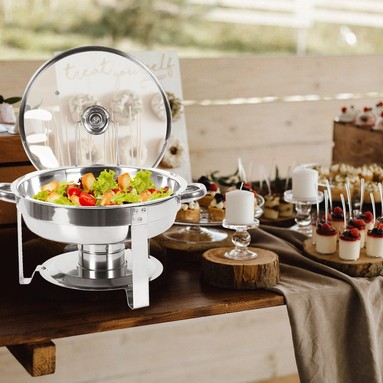 IMACONE 5QT Chafing Dish Buffet Set 4-Pack with Glass Lid & Holder, Stainless Steel Round Chafer Set for Catering Event