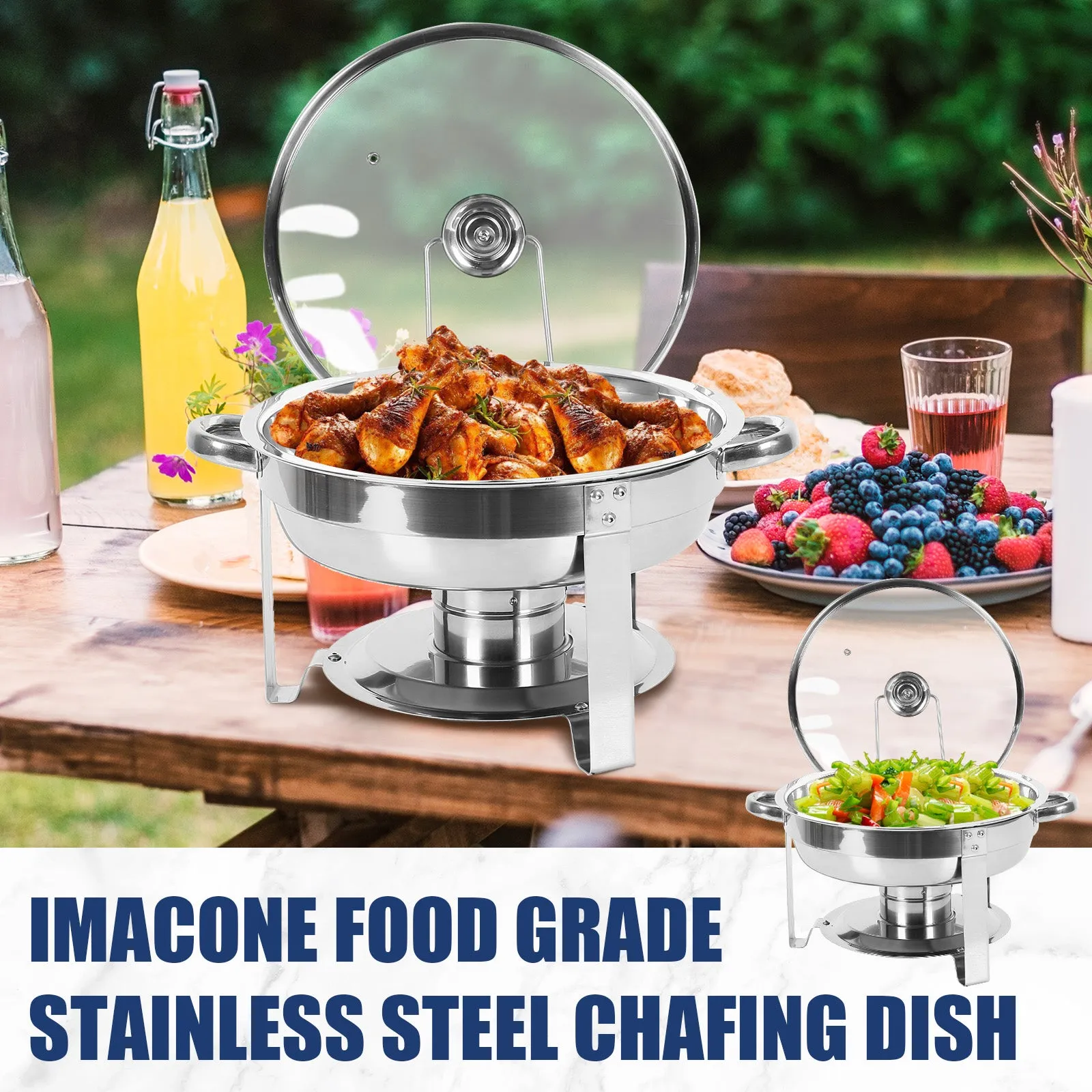 IMACONE 5QT Chafing Dish Buffet Set 4-Pack with Glass Lid & Holder, Stainless Steel Round Chafer Set for Catering Event