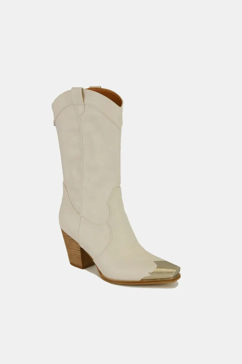 Ivory Metal-Toe Block Heel Ankle Boots