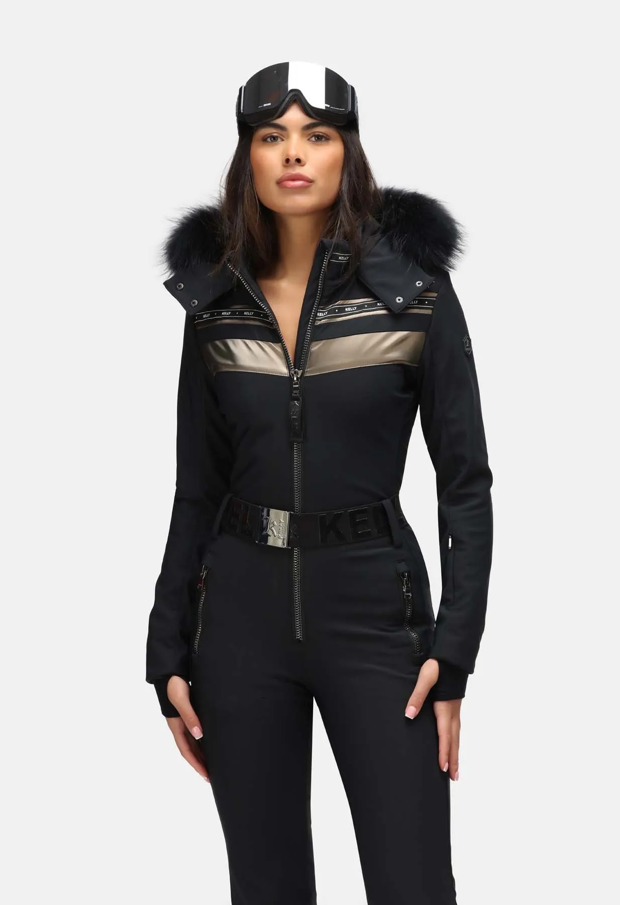 Kelly by Sissy Carol Softshell One Piece Ski Suit in Black with Fur Trim