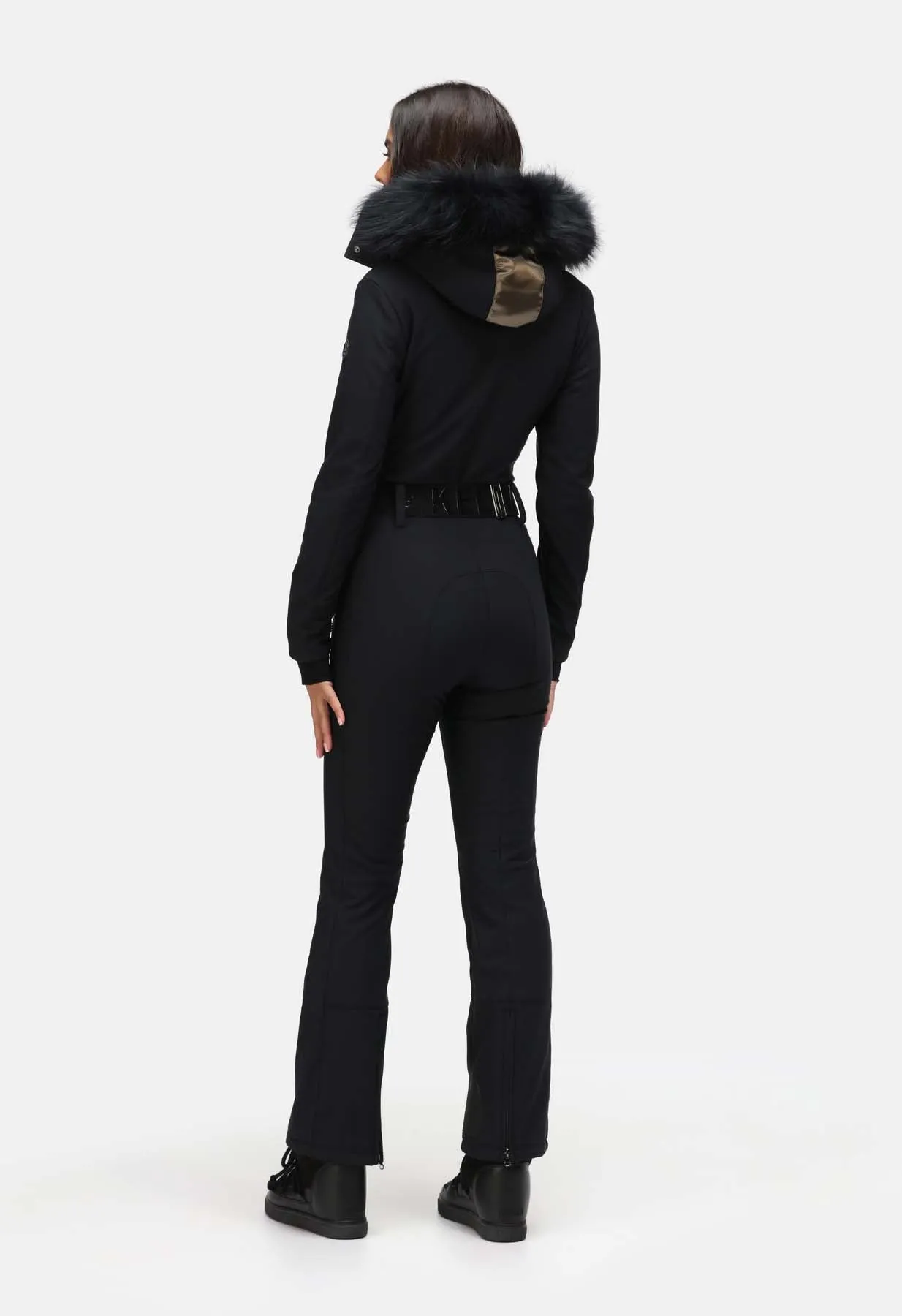 Kelly by Sissy Carol Softshell One Piece Ski Suit in Black with Fur Trim