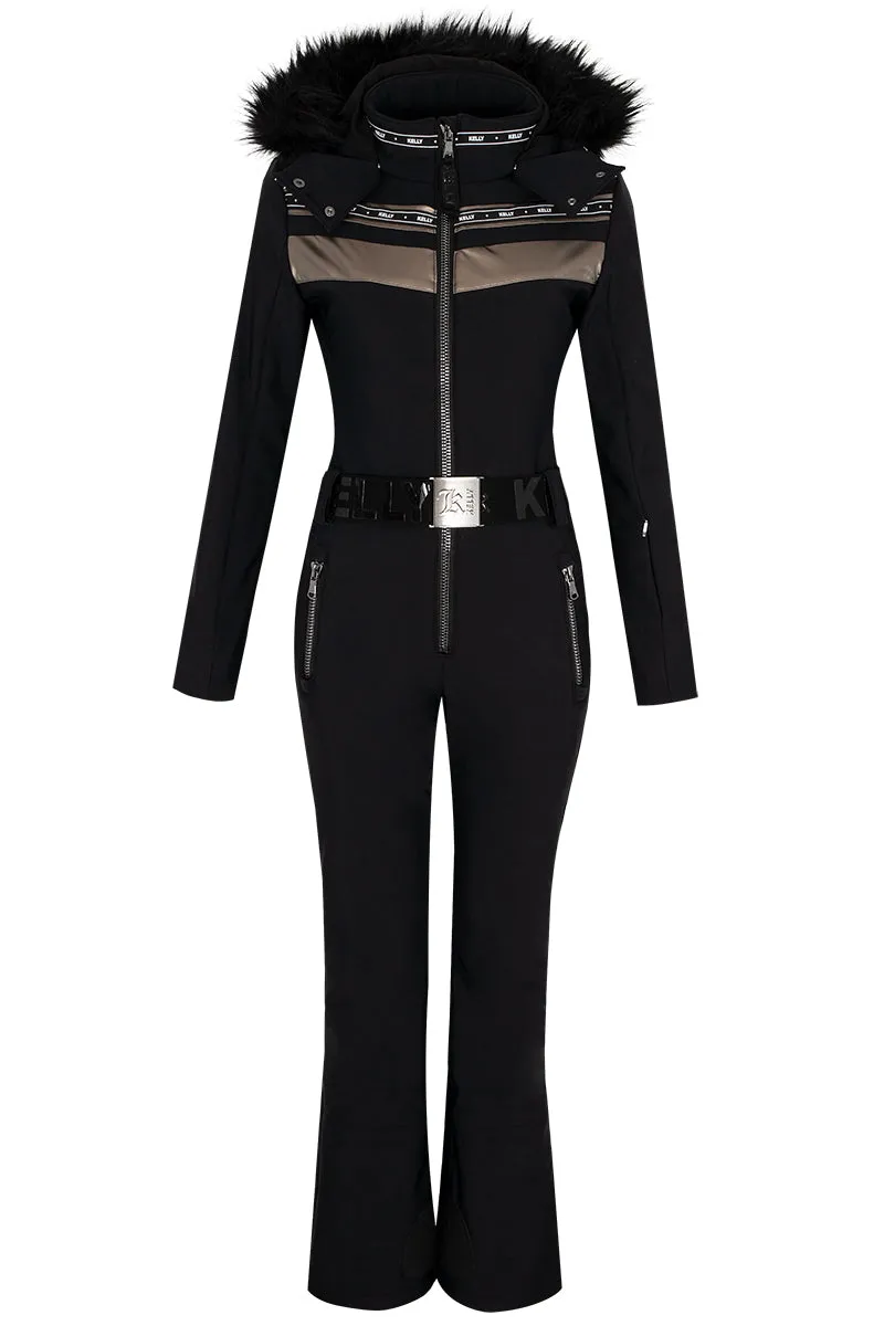 Kelly by Sissy Carol Softshell One Piece Ski Suit in Black with Fur Trim