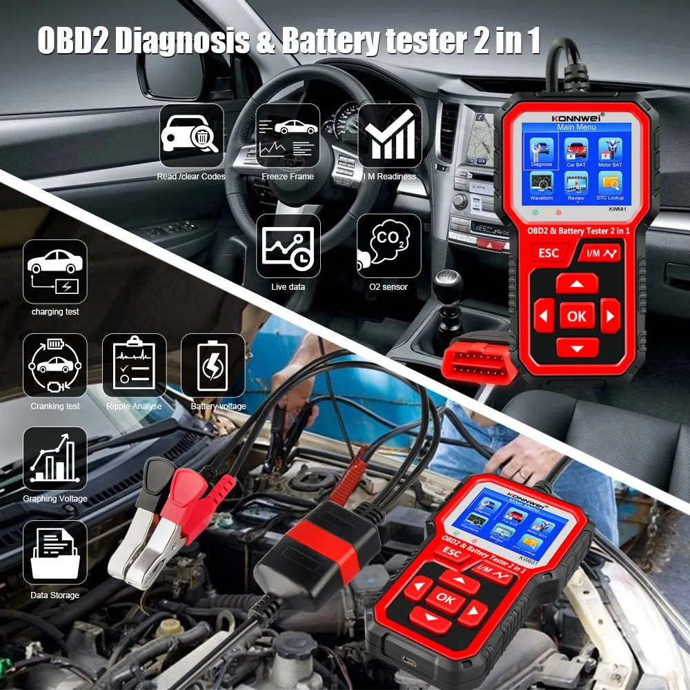 KW681 Car & Motorcycle Battery Tester OBDII Diagnostic Scann