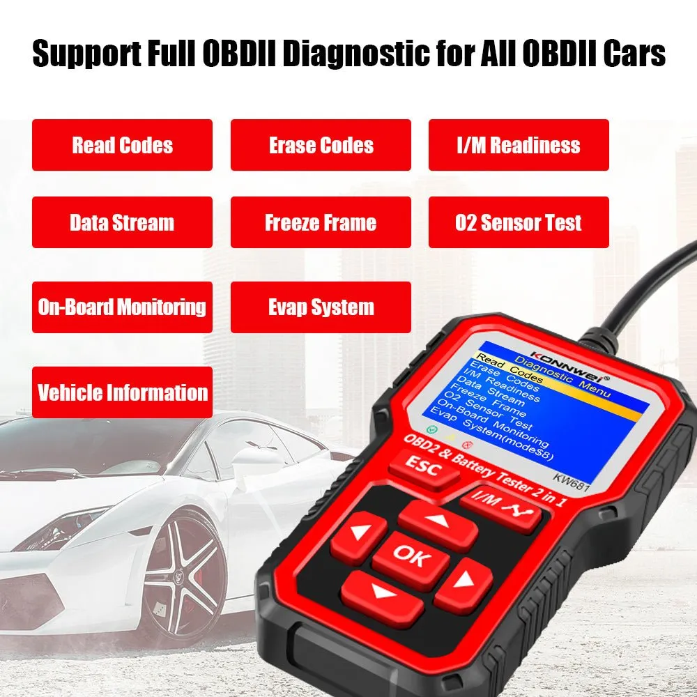 KW681 Car & Motorcycle Battery Tester OBDII Diagnostic Scann