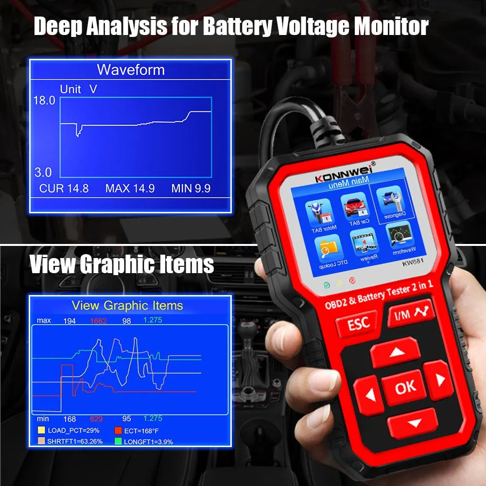 KW681 Car & Motorcycle Battery Tester OBDII Diagnostic Scann