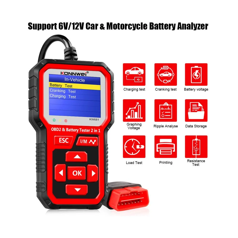 KW681 Car & Motorcycle Battery Tester OBDII Diagnostic Scann