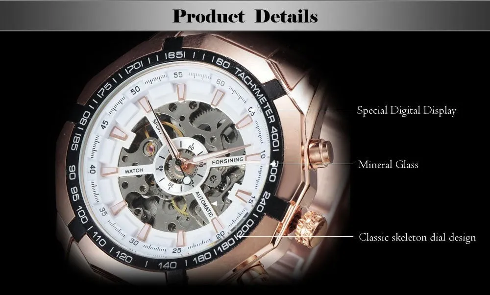 Mens Skeleton Mechanical Watch Brand Stainless Steel Band with Gift Box