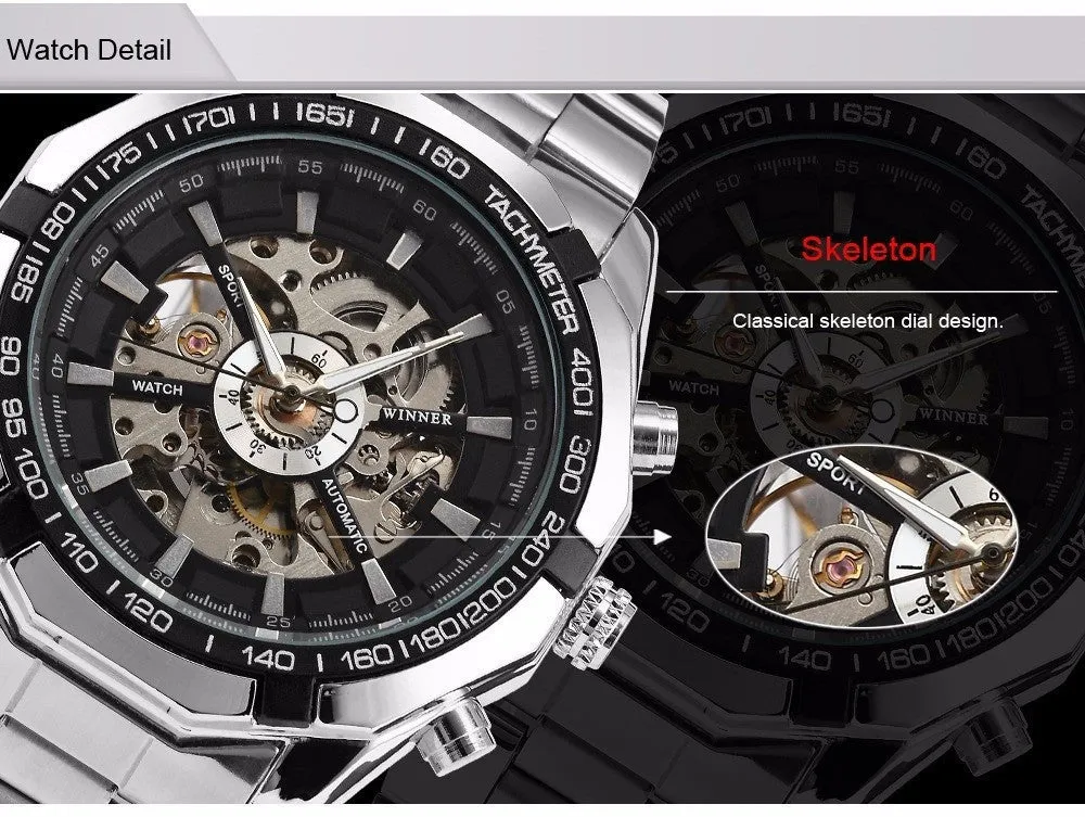 Mens Skeleton Mechanical Watch Brand Stainless Steel Band with Gift Box