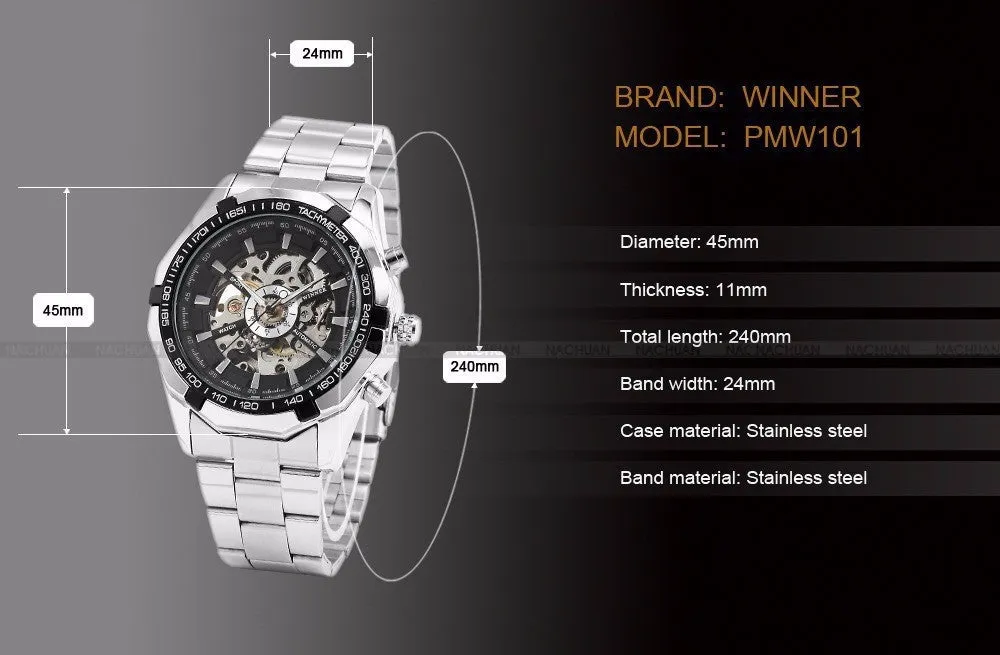 Mens Skeleton Mechanical Watch Brand Stainless Steel Band with Gift Box