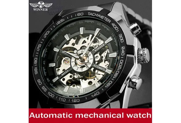 Mens Skeleton Mechanical Watch Brand Stainless Steel Band with Gift Box