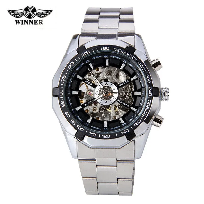 Mens Skeleton Mechanical Watch Brand Stainless Steel Band with Gift Box