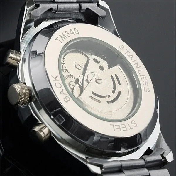 Mens Skeleton Mechanical Watch Brand Stainless Steel Band with Gift Box