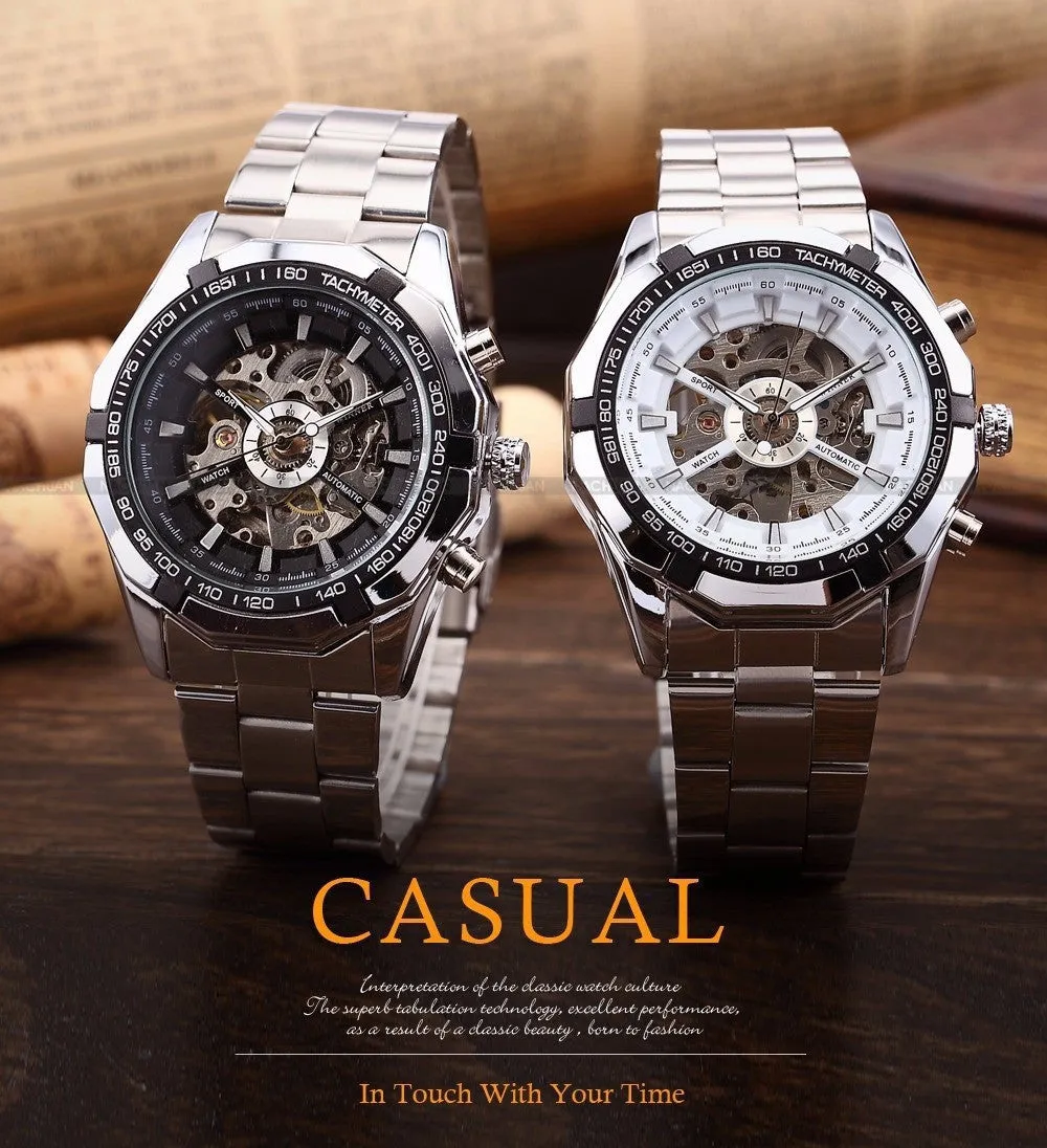 Mens Skeleton Mechanical Watch Brand Stainless Steel Band with Gift Box