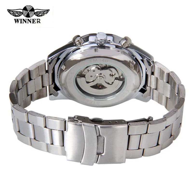 Mens Skeleton Mechanical Watch Brand Stainless Steel Band with Gift Box