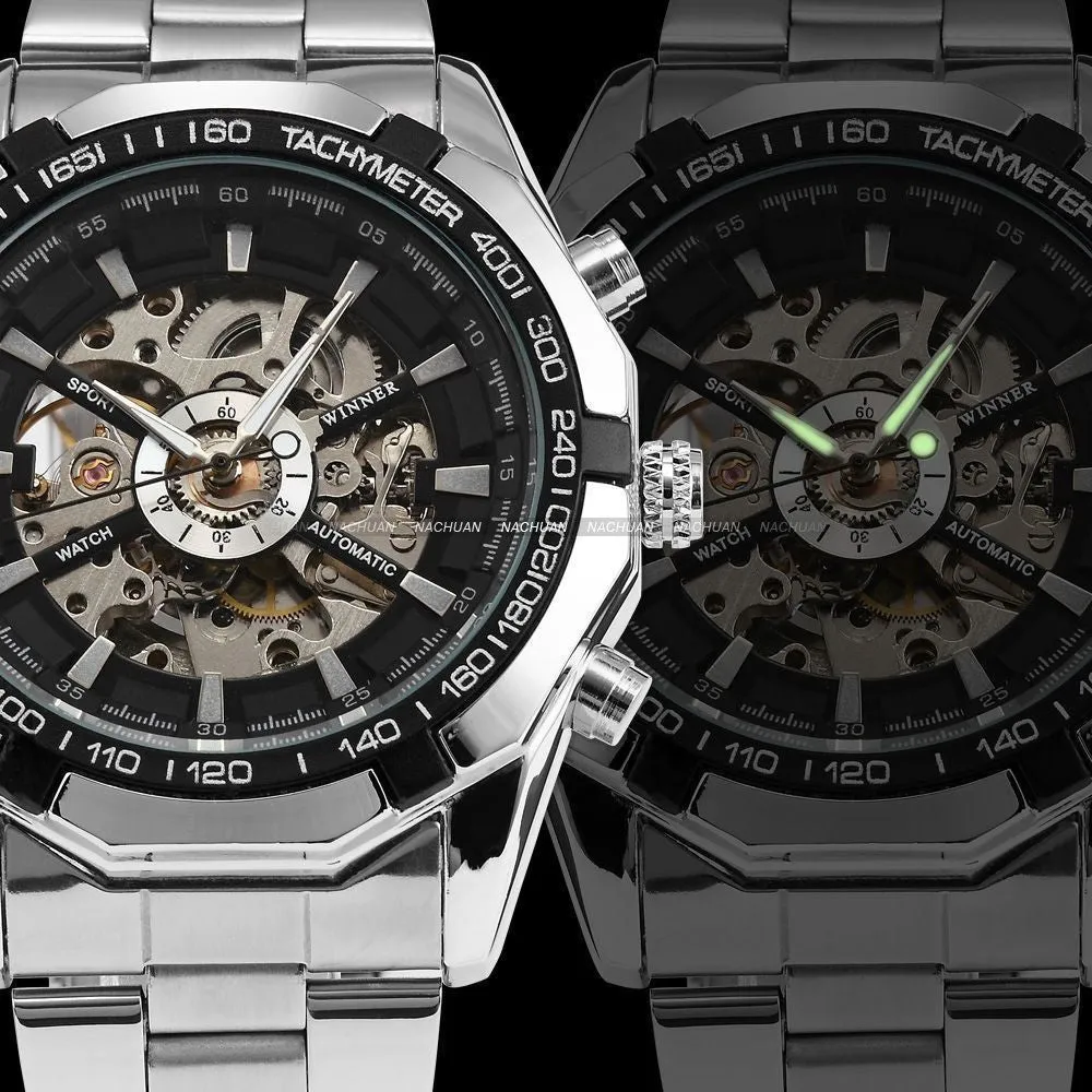 Mens Skeleton Mechanical Watch Brand Stainless Steel Band with Gift Box