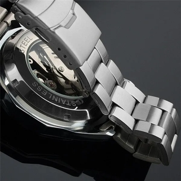 Mens Skeleton Mechanical Watch Brand Stainless Steel Band with Gift Box