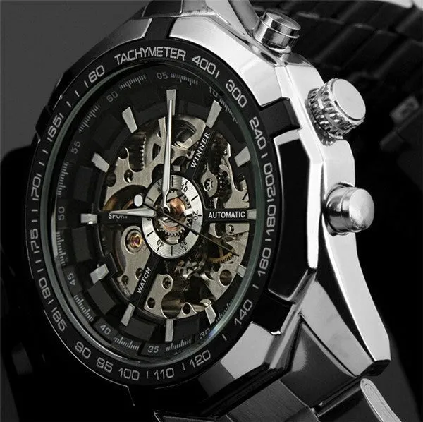 Mens Skeleton Mechanical Watch Brand Stainless Steel Band with Gift Box