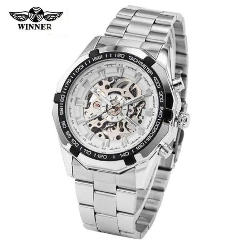 Mens Skeleton Mechanical Watch Brand Stainless Steel Band with Gift Box