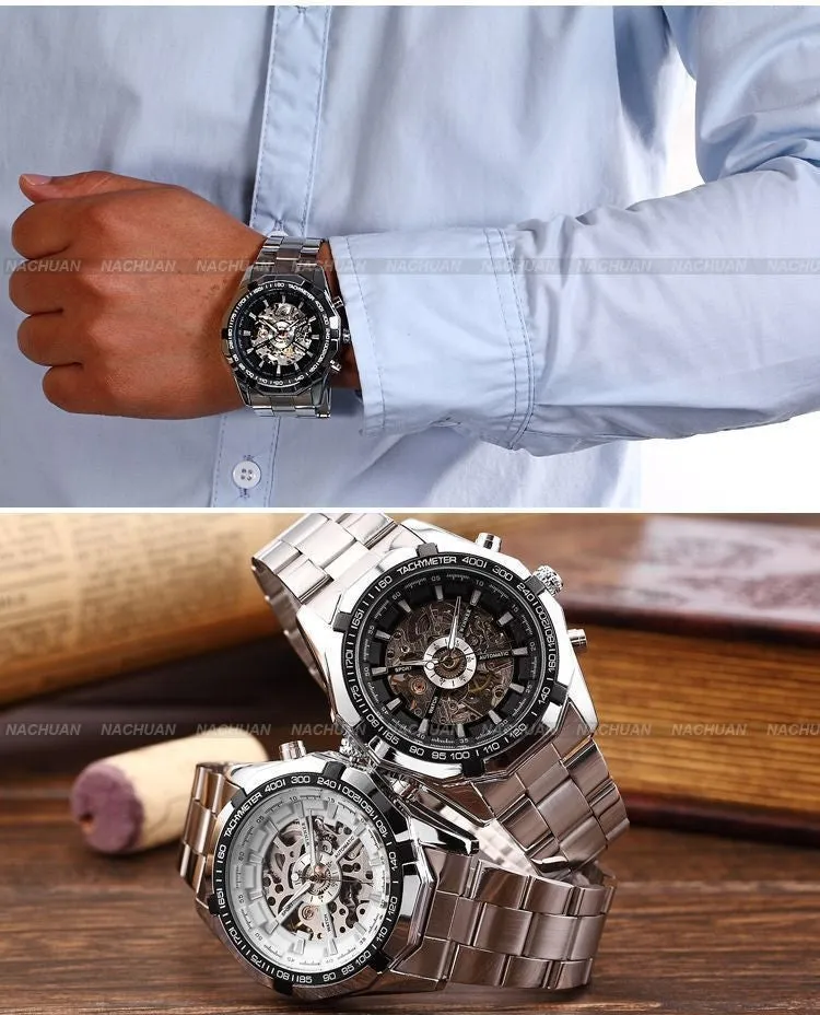 Mens Skeleton Mechanical Watch Brand Stainless Steel Band with Gift Box