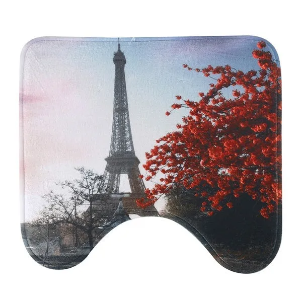 Paris Eiffel Tower Red Maple Landscape Bathroom Set Waterproof Shower Curtain and Toilet Cover Mat Non-Slip Rug Set