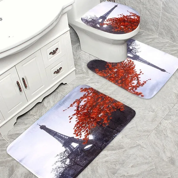 Paris Eiffel Tower Red Maple Landscape Bathroom Set Waterproof Shower Curtain and Toilet Cover Mat Non-Slip Rug Set