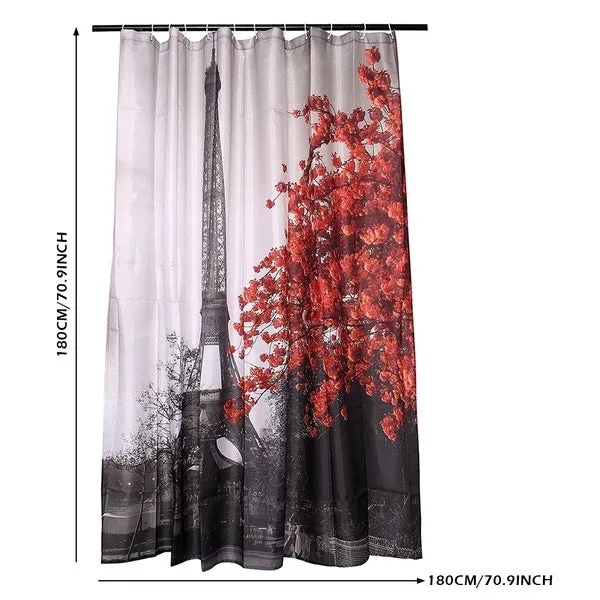 Paris Eiffel Tower Red Maple Landscape Bathroom Set Waterproof Shower Curtain and Toilet Cover Mat Non-Slip Rug Set