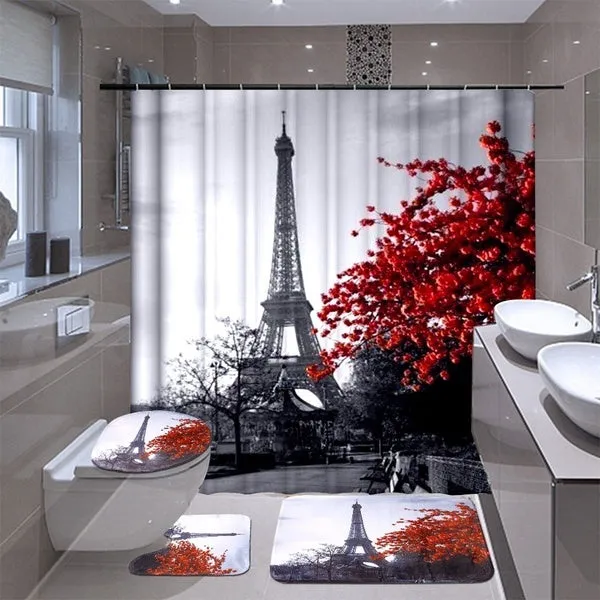 Paris Eiffel Tower Red Maple Landscape Bathroom Set Waterproof Shower Curtain and Toilet Cover Mat Non-Slip Rug Set