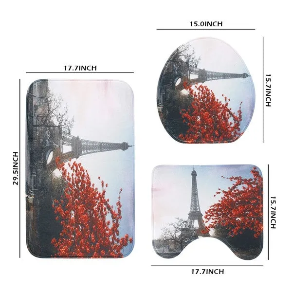 Paris Eiffel Tower Red Maple Landscape Bathroom Set Waterproof Shower Curtain and Toilet Cover Mat Non-Slip Rug Set