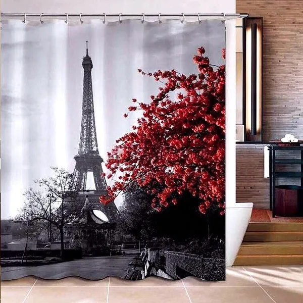 Paris Eiffel Tower Red Maple Landscape Bathroom Set Waterproof Shower Curtain and Toilet Cover Mat Non-Slip Rug Set