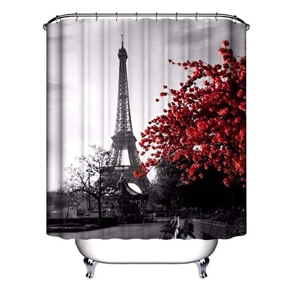 Paris Eiffel Tower Red Maple Landscape Bathroom Set Waterproof Shower Curtain and Toilet Cover Mat Non-Slip Rug Set