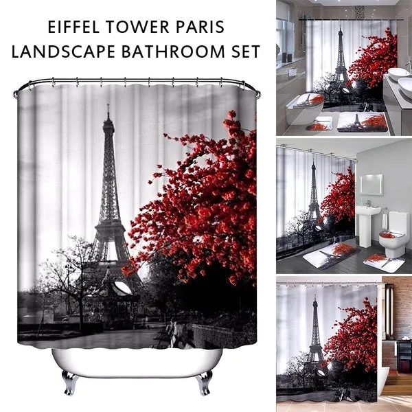 Paris Eiffel Tower Red Maple Landscape Bathroom Set Waterproof Shower Curtain and Toilet Cover Mat Non-Slip Rug Set