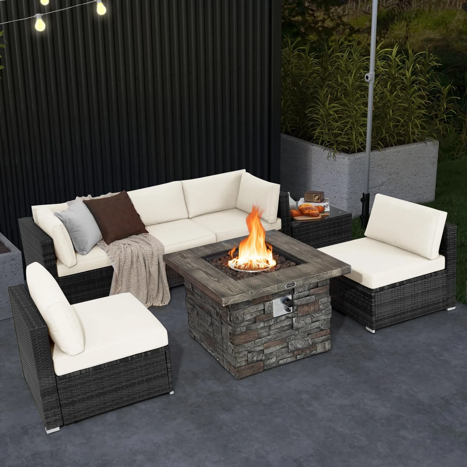 Tangkula 7 Pieces Patio Furniture Set with 50,000 BTU Fire Pit Table, Outdoor PE Wicker Conversation Sofa Set with Cushions